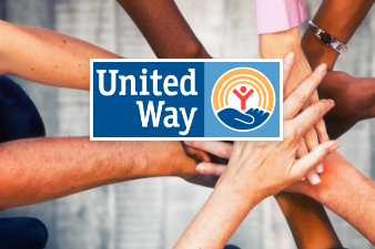 United Way logo overlayed on top of nine hands touching in a circle